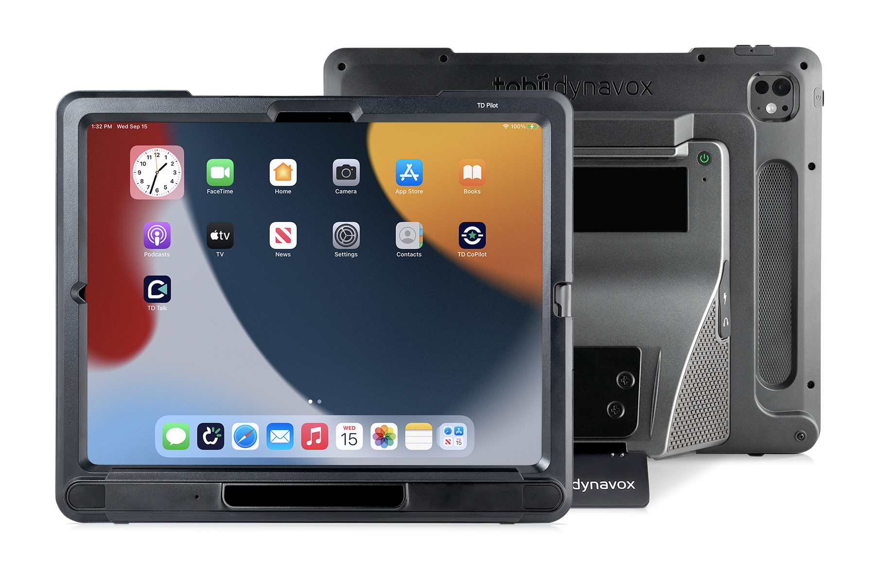 TD Pilot eye-controlled communication device for iPad front and back view.